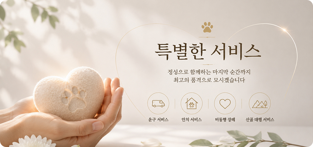 광주강아지장례, 광주고양이장례, 광주반려동물장례 전문 서비스를 제공하는 퍼스트펫의 특별한 서비스 소개 이미지. 정성으로 함께하는 마지막 순간까지 최고의 품격으로 모시겠습니다. 운구 서비스, 안치 서비스, 비동행 장례, 산골 대행 서비스.